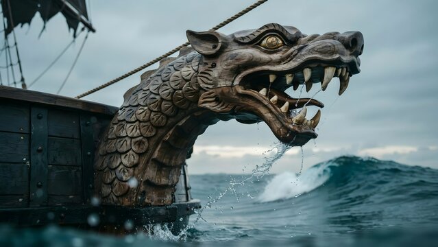 Mythical sea creature figurehead resembling a dragon on ancient ship prow in ocean