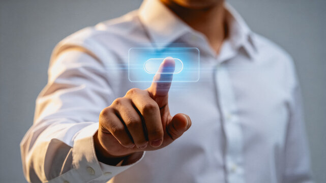 Businessman Touching Holographic Digital Interface Button