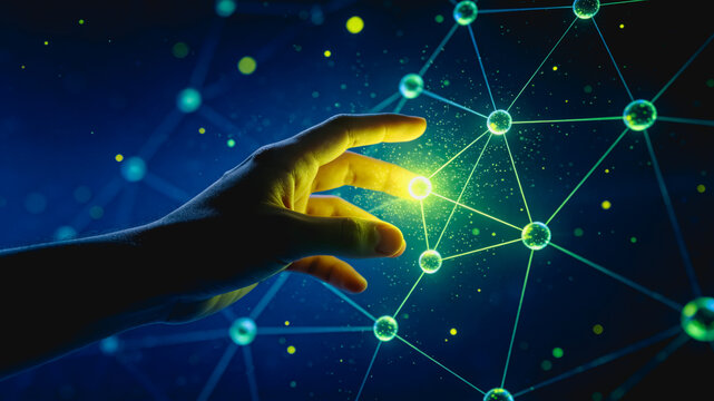 Human Hand Touching Glowing Digital Network Connection