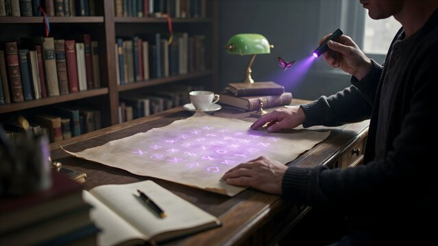 Person conducting scientific experiment with ultraviolet light and glowing substances in study room