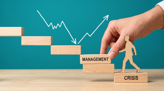 Crisis management concept with wooden blocks, hand guiding paper person up stairs, business recovery and financial growth strategy