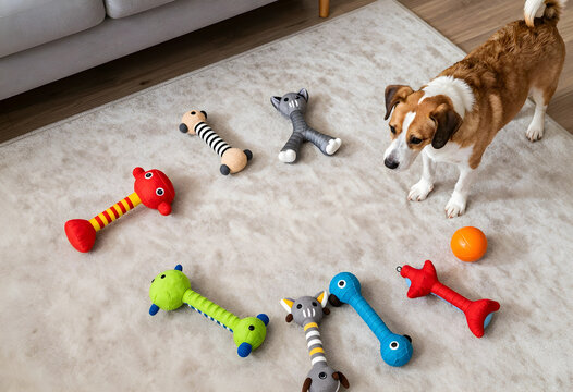 Pet care and dog training, happy dog choosing between colorful squeaky toys on a rug in a home living room environment for playtime and enrichment