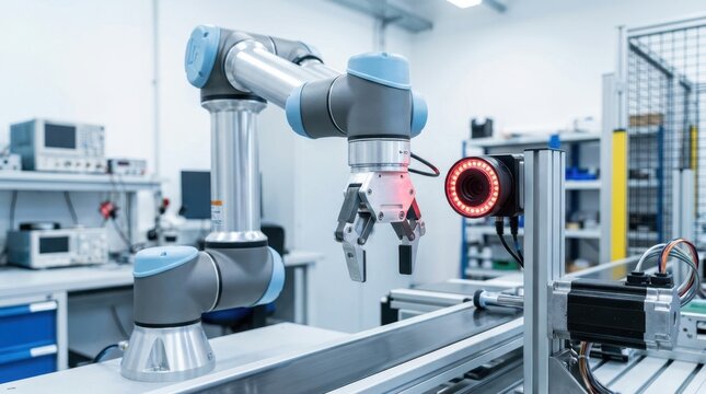 Robot arm, conveyor belt, vision camera, servo motor, and precision gripper in a mechatronics lab
