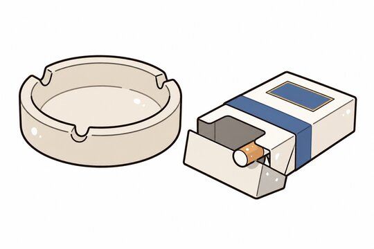 たばこの箱から一本出たシガレットとシンプルな灰皿のイラスト