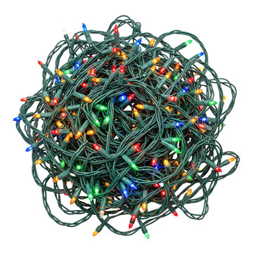 Tangled colorful Christmas string lights ball