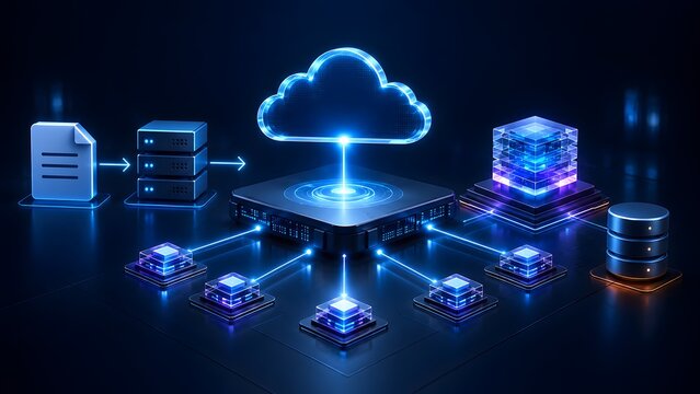 Digital network infrastructure transferring a document through servers to a central cloud icon representing distributed computing and data backup