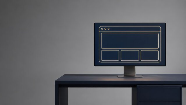 Desktop monitor showing a dark website wireframe with orange outlines