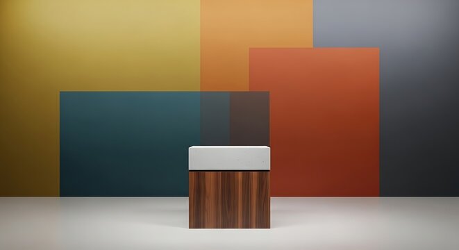 Modern minimalist interior with geometric colored panels and small wooden stool on white floor