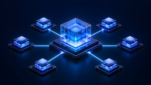 Abstract digital network architecture with a central glowing cube connected to peripheral server nodes representing distributed data processing