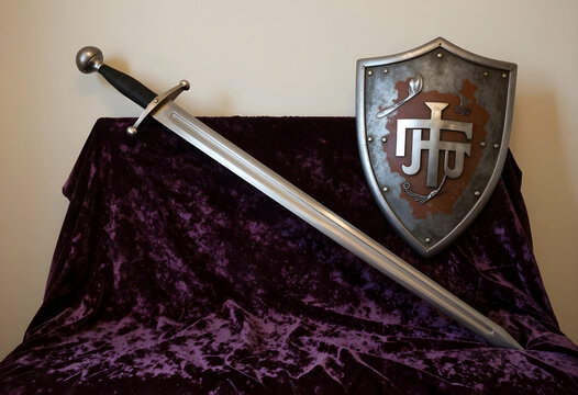 Medieval history and fantasy roleplay, steel longsword and heraldic shield on purple velvet fabric for historical reenactment and gaming culture