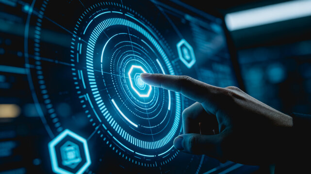 Person's Hand Interacting With Futuristic Digital Interface On Screen