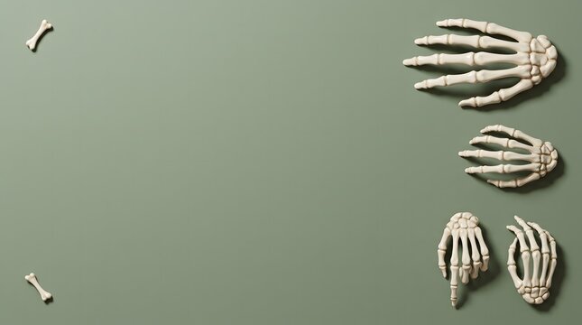 Skeletal hands and finger bones arranged on a muted green background