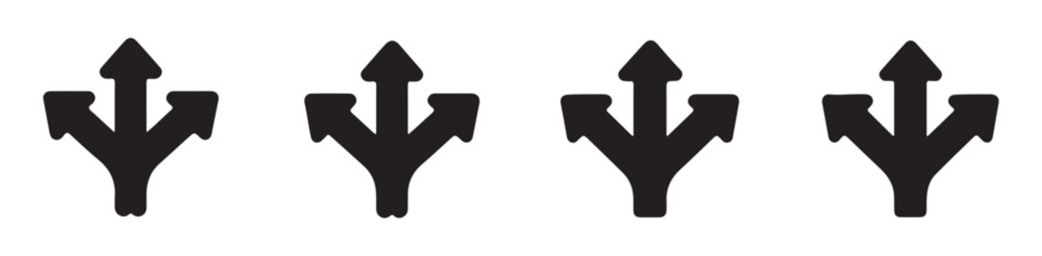 Three way split direction arrow icons set in solid black silhouette on a transparent background.