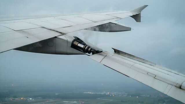 Aerial View of an Aircraft Wing in Flight Over Cloudy Sky and Land