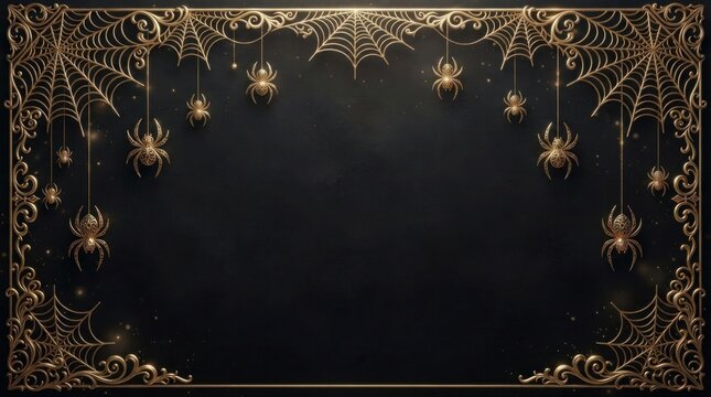 Elegant golden spider web frame hanging spiders on dark background with spiders decorate