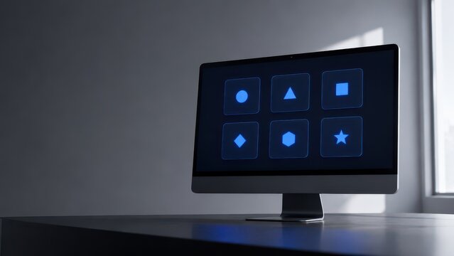 Desktop monitor showing six blue buttons with geometric shapes