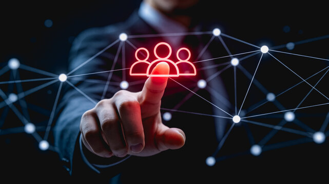 Businessman Touching Glowing Team Network Icon