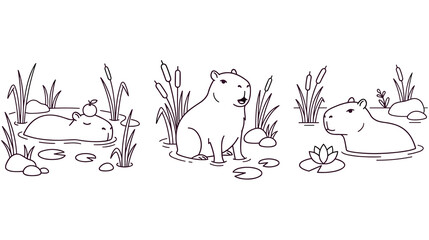 Fototapeta premium Cartoon capybara set in pond with reeds and lily pads for nursery art design.