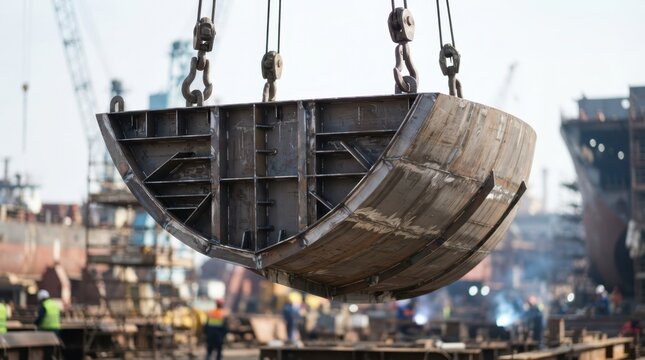Massive ship bow section suspended by crane hooks in a shipyard, with steel plates, stiffeners, and beveled edges