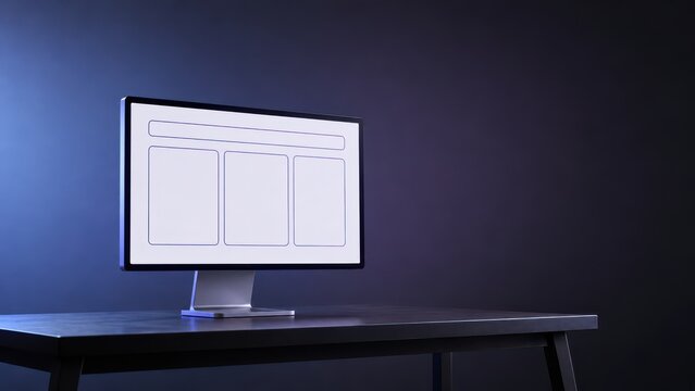 Desktop monitor showing a blank three column product grid wireframe