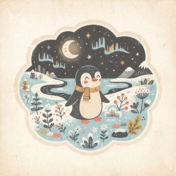 Cute Little Penguin in Scarf with Northern Lights and Moon