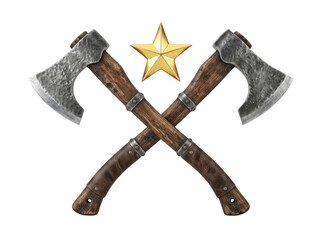 Fototapeta premium Two crossed vintage battle axes with a golden star isolated on transparent background
