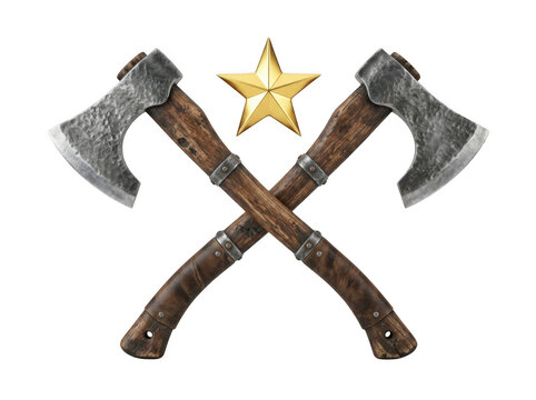 Two crossed vintage battle axes with a golden star isolated on transparent background