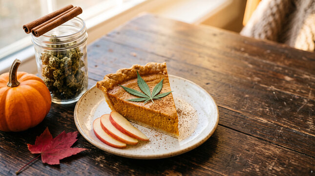 Slice of pumpkin pie with a cannabis leaf, served with apple slices and cinnamon sticks, representing a fall treat and potential ingredient.