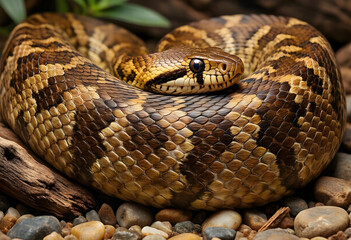 Obraz premium Wildlife conservation and biodiversity, coiled brown snake resting on river stones in natural habitat with detailed scales and alert eyes