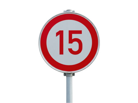Road sign indicating a speed limit of 15 kilometers per hour isolated on transparent background