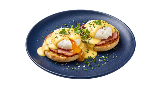 Eggs benedict with ham and hollandaise sauce on blue png on isolated transparent background