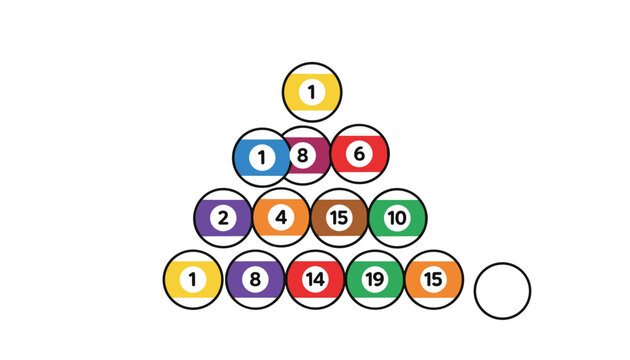 Organized triangular rack of colorful billiard or pool balls with numbers ranging from one to fifteen next to a white cue ball.