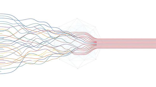 Abstract data flow illustration featuring converging lines and hexagon network nodes for digital transformation and connectivity concepts
