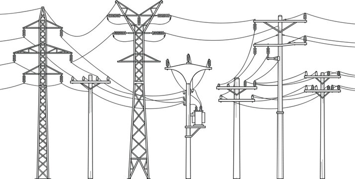 Electricity Transmission Towers and Utility Poles with Overhead Power Lines Vector Illustration