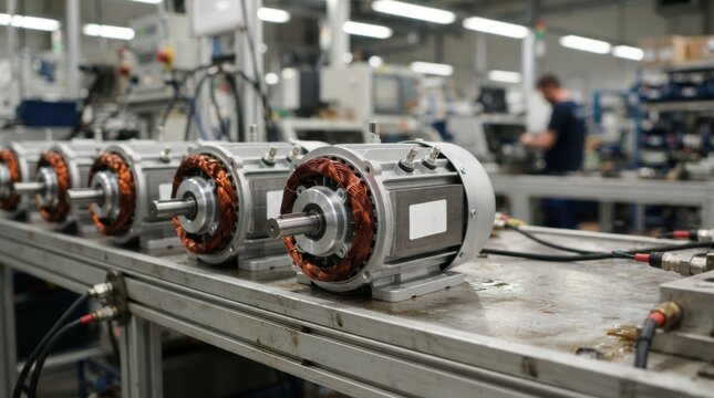 newly assembled electric motors with copper windings steel casings and labels on a test bench