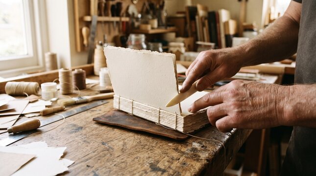 Craftsman making a book by hand in a workshop