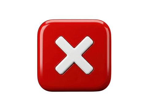 3d render of a red square button with a white cross symbol isolated on transparent background