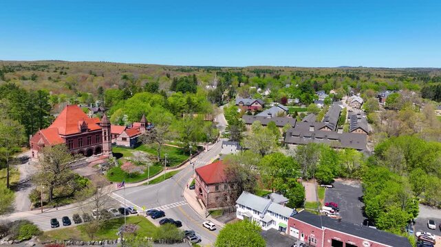 Oakes Ames Memorial Hall aerial view. This building was designed by H. H. Richardson at 3 Barrows Street in village of North Easton, town of Easton, Bristol County, Massachusetts MA, USA. 