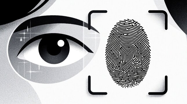 Abstract black, white editorial illustration shows biometric security concept. Human eye retina scan, fingerprint identification pattern used for digital access control. High tech authentication