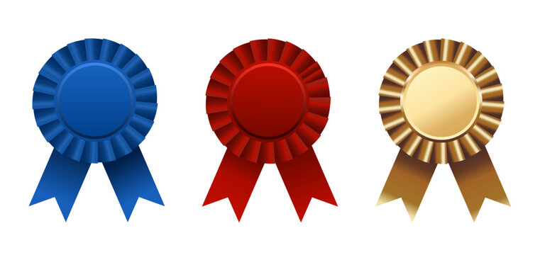 Award rosettes vector illustration, blue, red, and gold set