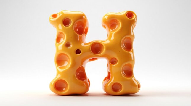 Orange cheese letter H with holes stands on white background. Playful alphabet element for kids learning and food design. Shiny, smooth dairy graphic.