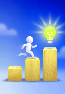 A white human figure running towards a glowing lightbulb