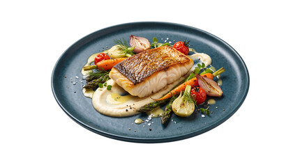 Pan-seared fish fillet with roasted vegetables and png on isolated transparent background