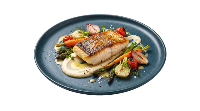 Pan-seared fish fillet with roasted vegetables and png on isolated transparent background