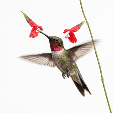 Macro shot of a vibrant ruby throated hummingbird hovering and feeding on bright red wildflowers against a clean white background