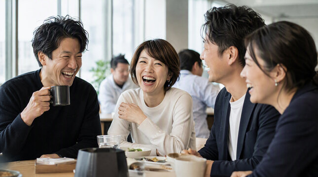 オフィスでランチタイムを楽しむ日本人ビジネスパーソンのグループ