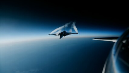 Obraz premium Military fighter jet flying at high altitude above Earth's atmosphere during night