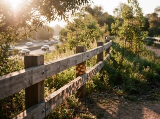 Fototapeta premium Wooden ranch fence along green bushes at golden hour with blurred highway traffic in background. Countryside path near road at