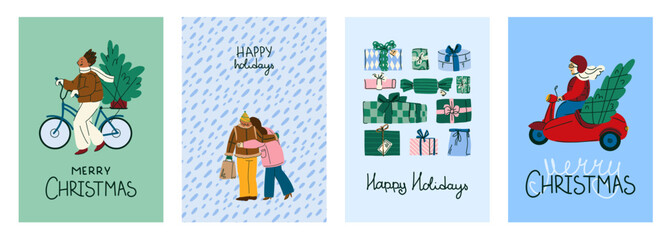 Fototapeta premium Collection of illustrated Christmas greeting cards with winter characters, presents, bicycles, greenery and festive lettering, cheerful seasonal concept for family holidays, celebration and Christmas 