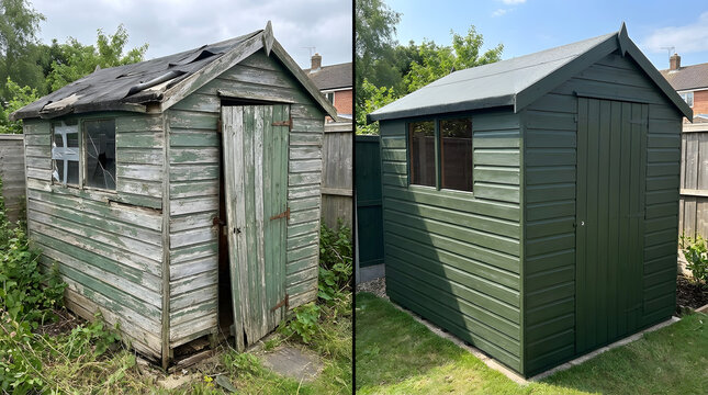 Garden shed before and after restoration | Wooden shed repair and painting project | DIY backyard storage makeover | Restoring dilapidated garden buildings | Shed roof felt and window repair